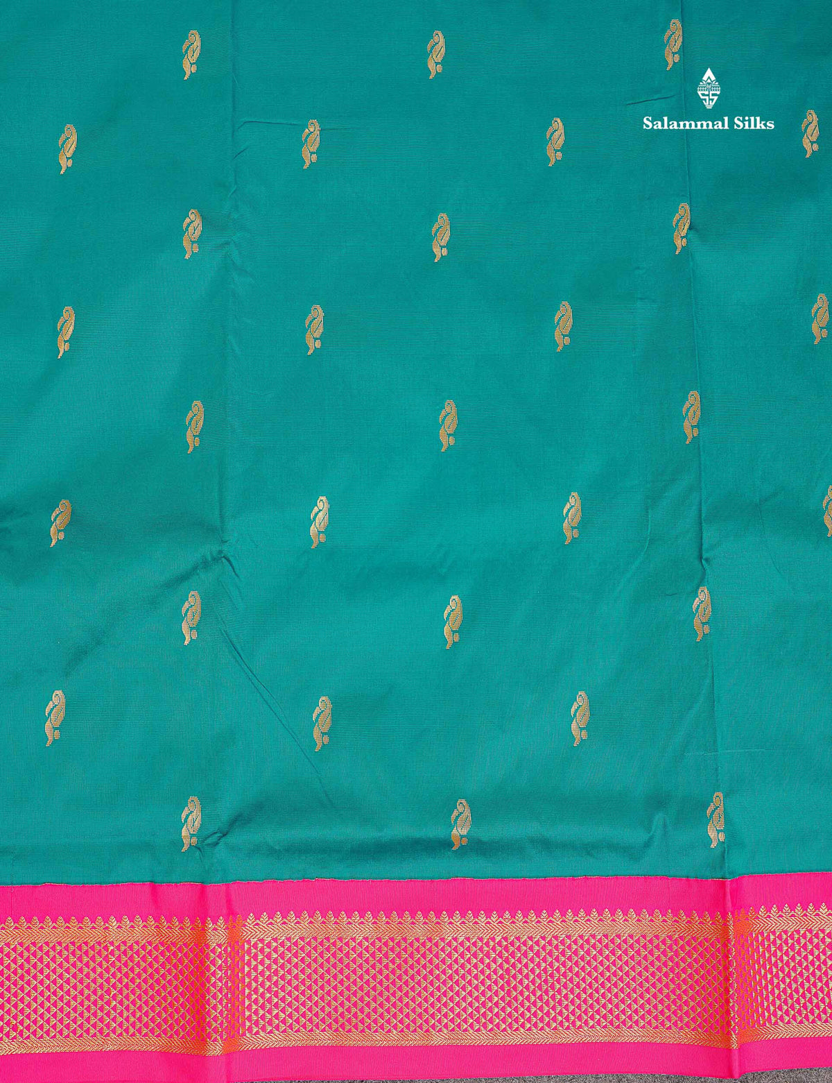 Semi Silk Saree - Teal Green Colour Body Zari Butta With Contrast Pink Border | 10.5 Yards