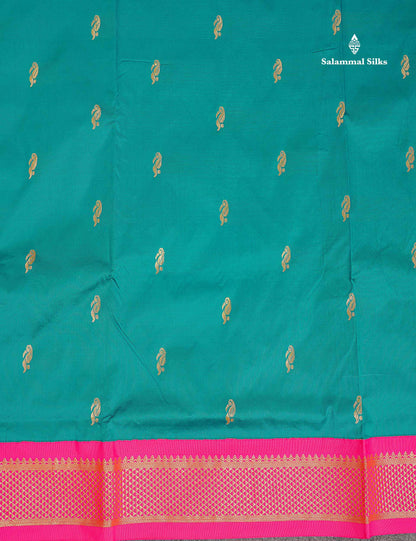 Semi Silk Saree - Teal Green Colour Body Zari Butta With Contrast Pink Border | 10.5 Yards