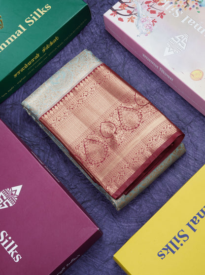 Pastel Blue Bridal Tissue Semi Silk Saree With Contrast Maroon Long Border