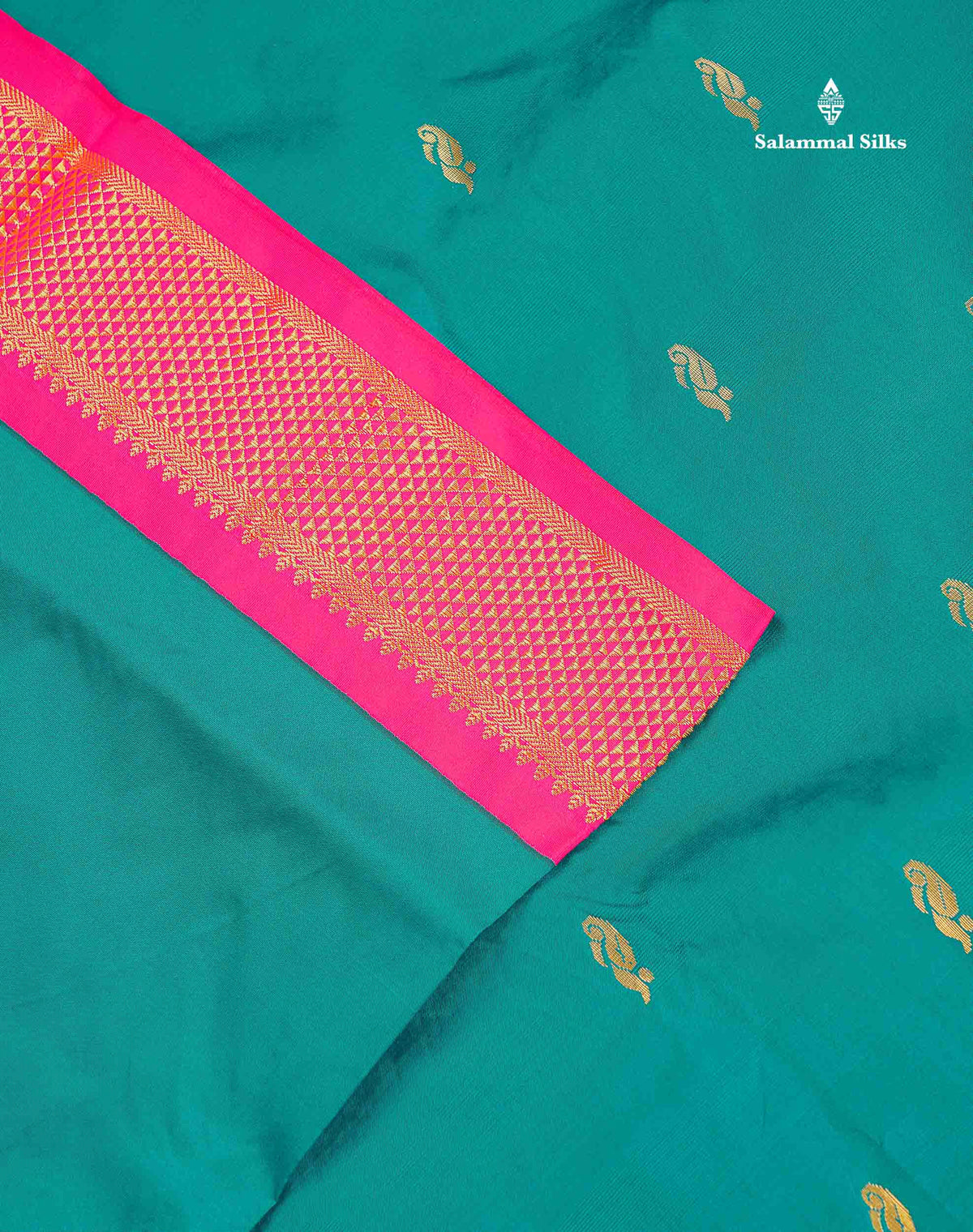 Semi Silk Saree - Teal Green Colour Body Zari Butta With Contrast Pink Border | 10.5 Yards