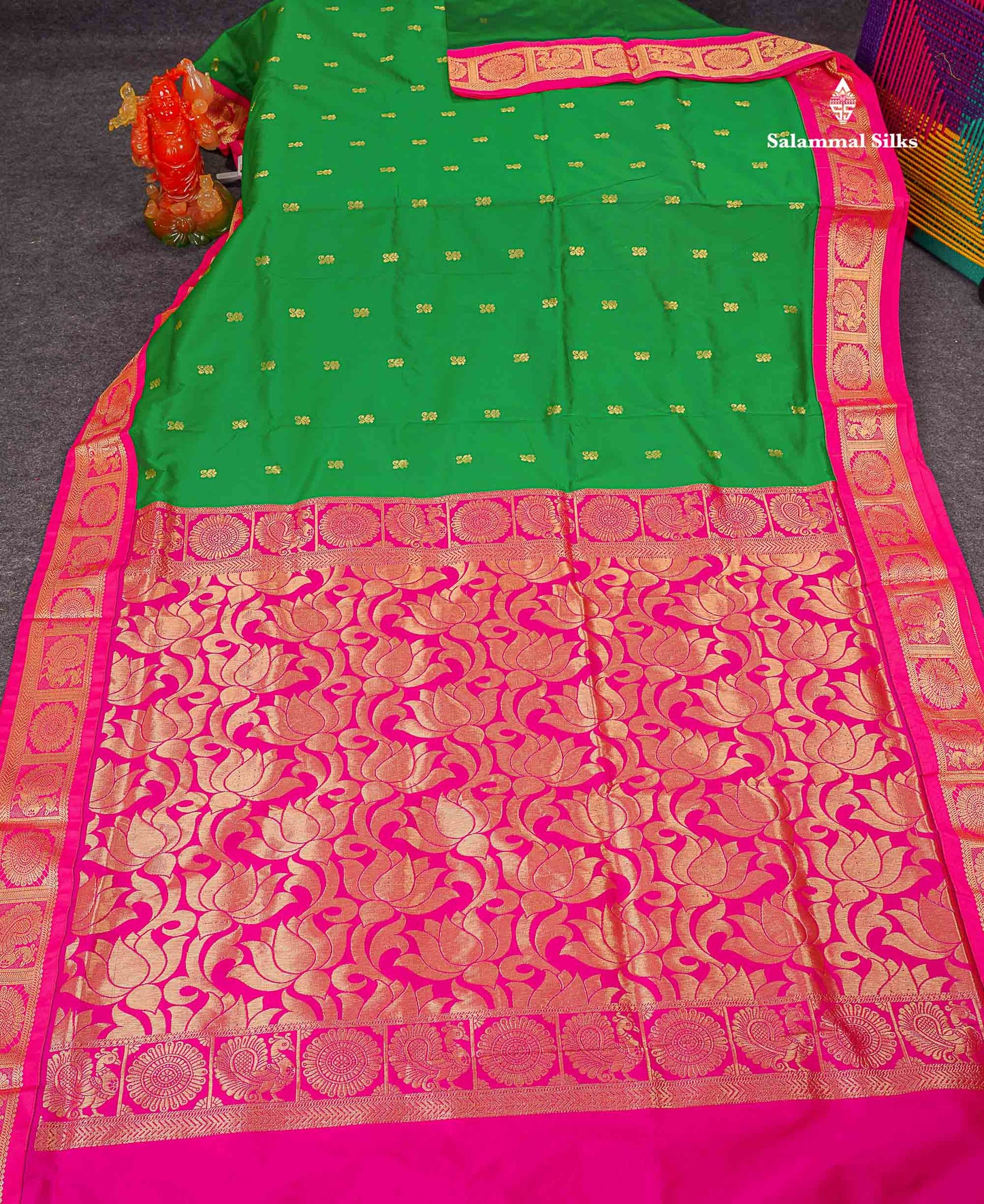 Semi Silk Saree - Green Colour Body Zari Butta With Contrast Pink Traditional Border | 10.5 Yards