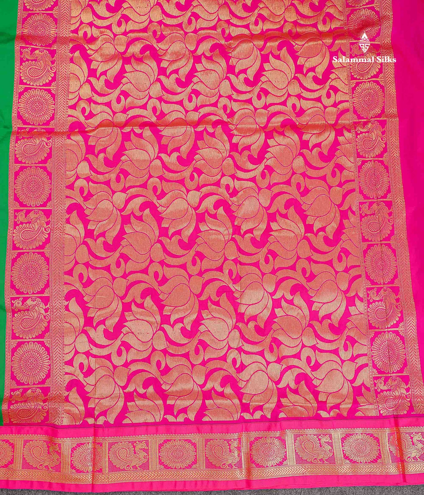 Semi Silk Saree - Green Colour Body Zari Butta With Contrast Pink Traditional Border | 10.5 Yards
