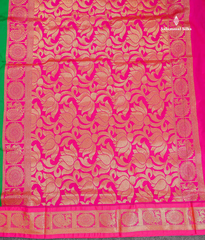 Semi Silk Saree - Green Colour Body Zari Butta With Contrast Pink Traditional Border | 10.5 Yards