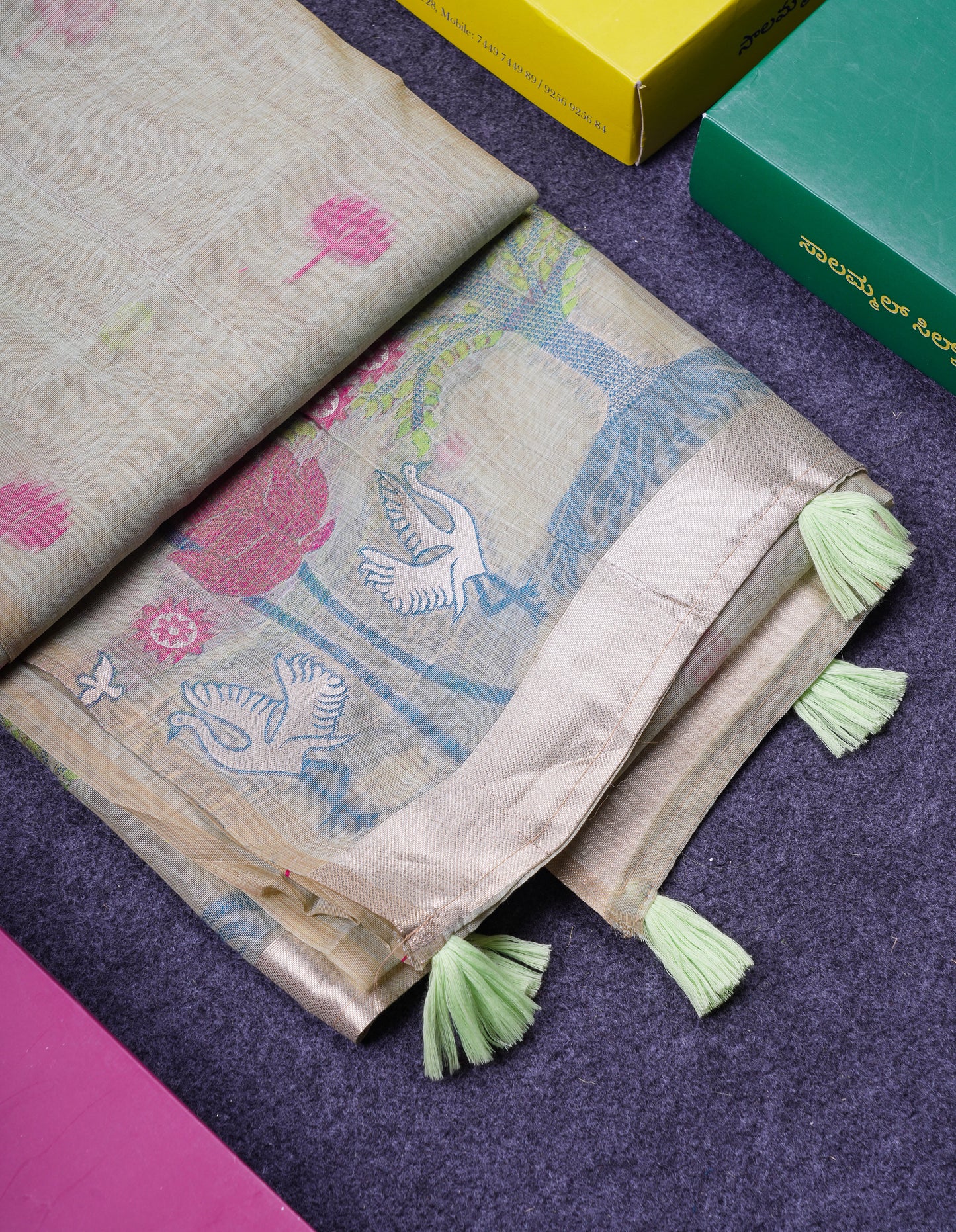 Beautiful Cream Sandal Thread Work Butta Muga Cotton Saree With Blouse