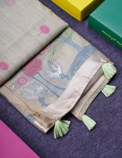 Beautiful Cream Sandal Thread Work Butta Muga Cotton Saree With Blouse