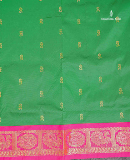 Semi Silk Saree - Green Colour Body Zari Butta With Contrast Pink Traditional Border | 10.5 Yards