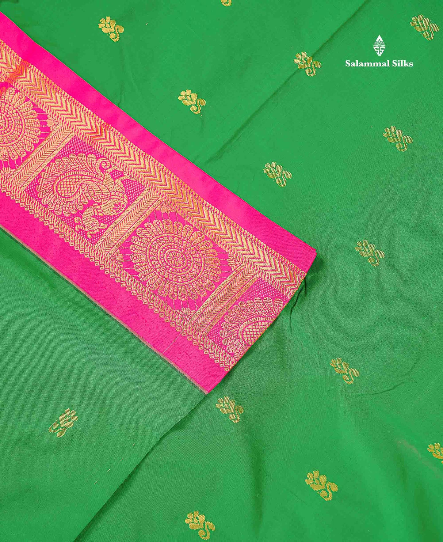 Semi Silk Saree - Green Colour Body Zari Butta With Contrast Pink Traditional Border | 10.5 Yards