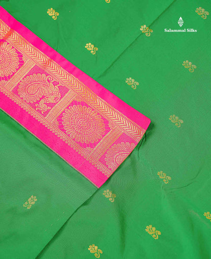 Semi Silk Saree - Green Colour Body Zari Butta With Contrast Pink Traditional Border | 10.5 Yards