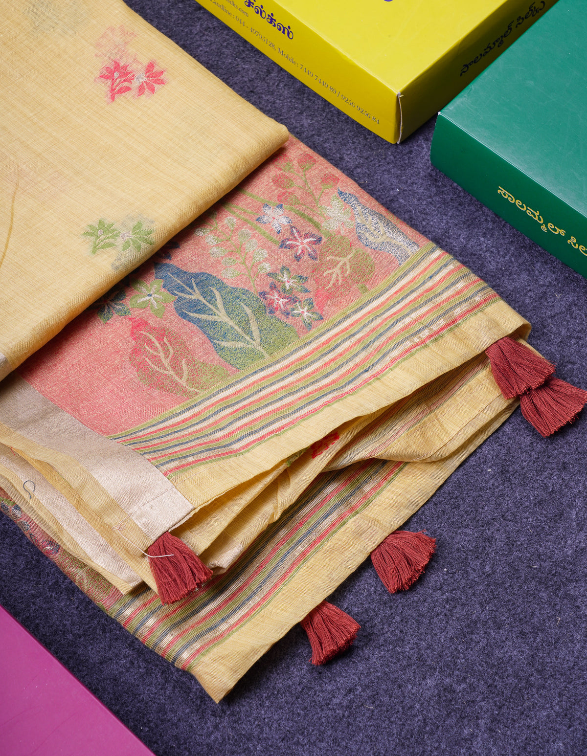 Beautiful Light Yellow Thread Work Butta Muga Cotton Saree With Blouse