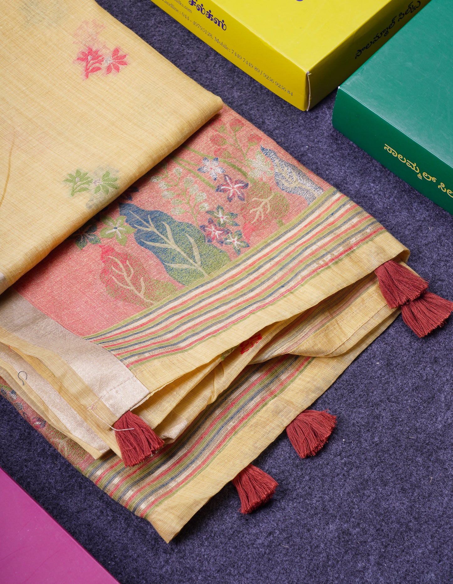 Beautiful Light Yellow Thread Work Butta Muga Cotton Saree With Blouse