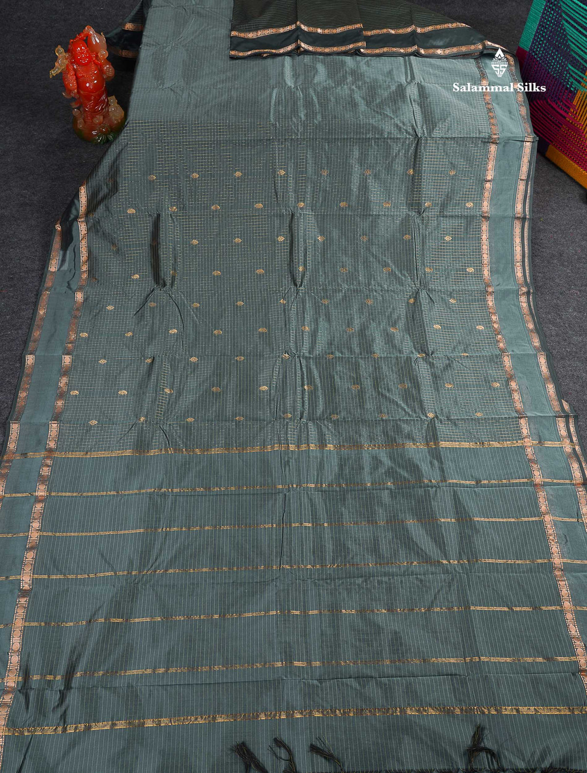 Semi Silk Saree - Blueish Grey Colour Body Small Checks With Butta & Traditional Rettapet Border