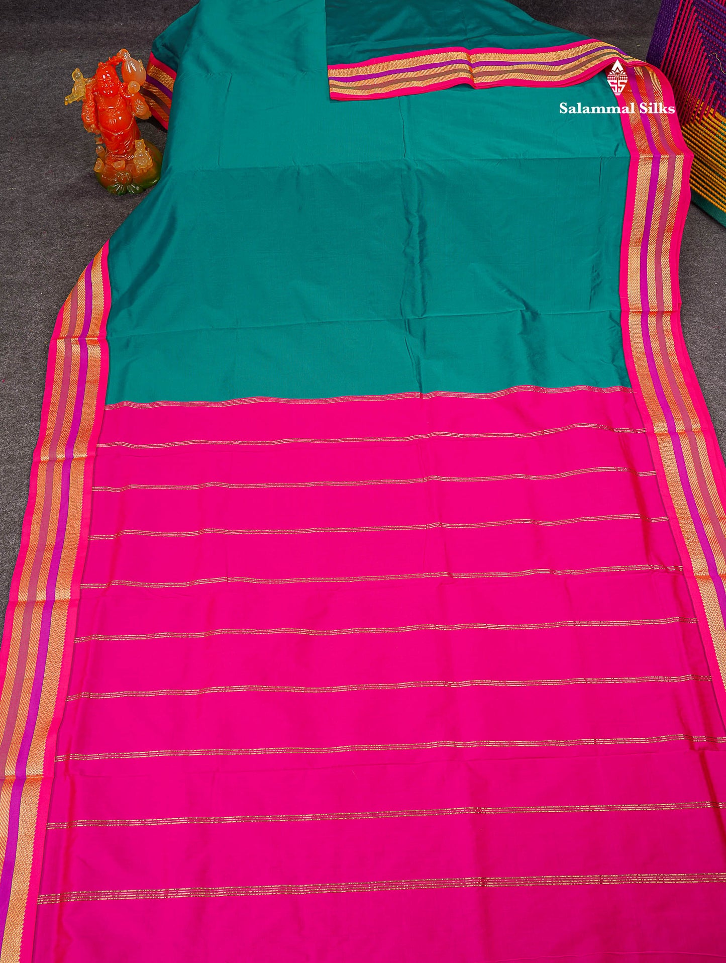 Semi Silk Saree - Chilly Red Colour Body Plain With Contrast Green Traditional Border | 10 Yards