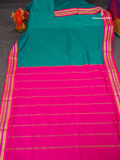 Semi Silk Saree - Chilly Red Colour Body Plain With Contrast Green Traditional Border | 10 Yards