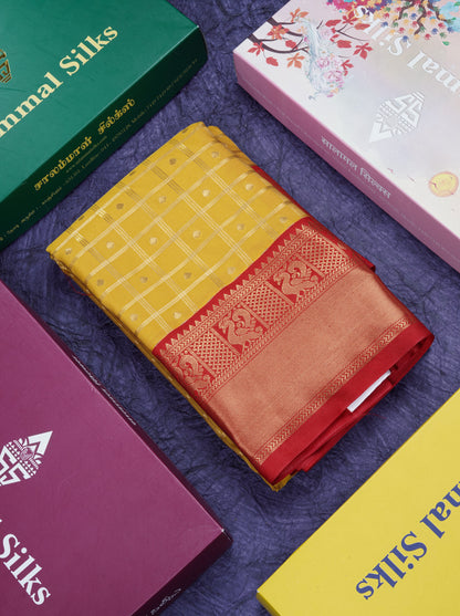 Half White Checks Semi Silk Saree With Contrast Chilly Red Traditional Border