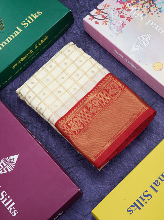 Half White Checks Semi Silk Saree With Contrast Chilly Red Traditional Border