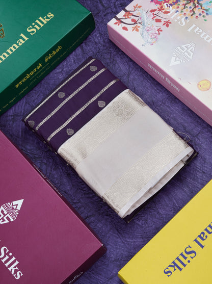 Dark Purple Semi Silk Saree With Contrast Sandal Traditional Double Border