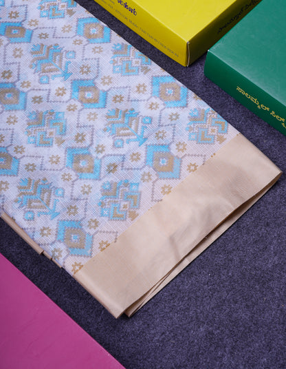 Beautiful Light Blue Kota Cotton Fancy Saree With Contrast Cream Sandal Border