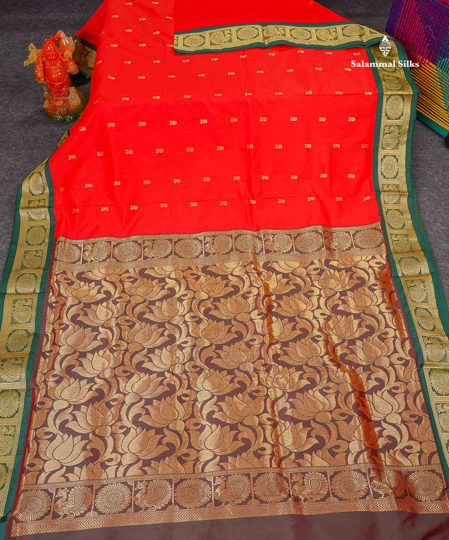 Semi Silk Saree - Green Colour Body Zari Butta With Contrast Pink Traditional Border | 10.5 Yards