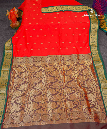 Semi Silk Saree - Green Colour Body Zari Butta With Contrast Pink Traditional Border | 10.5 Yards