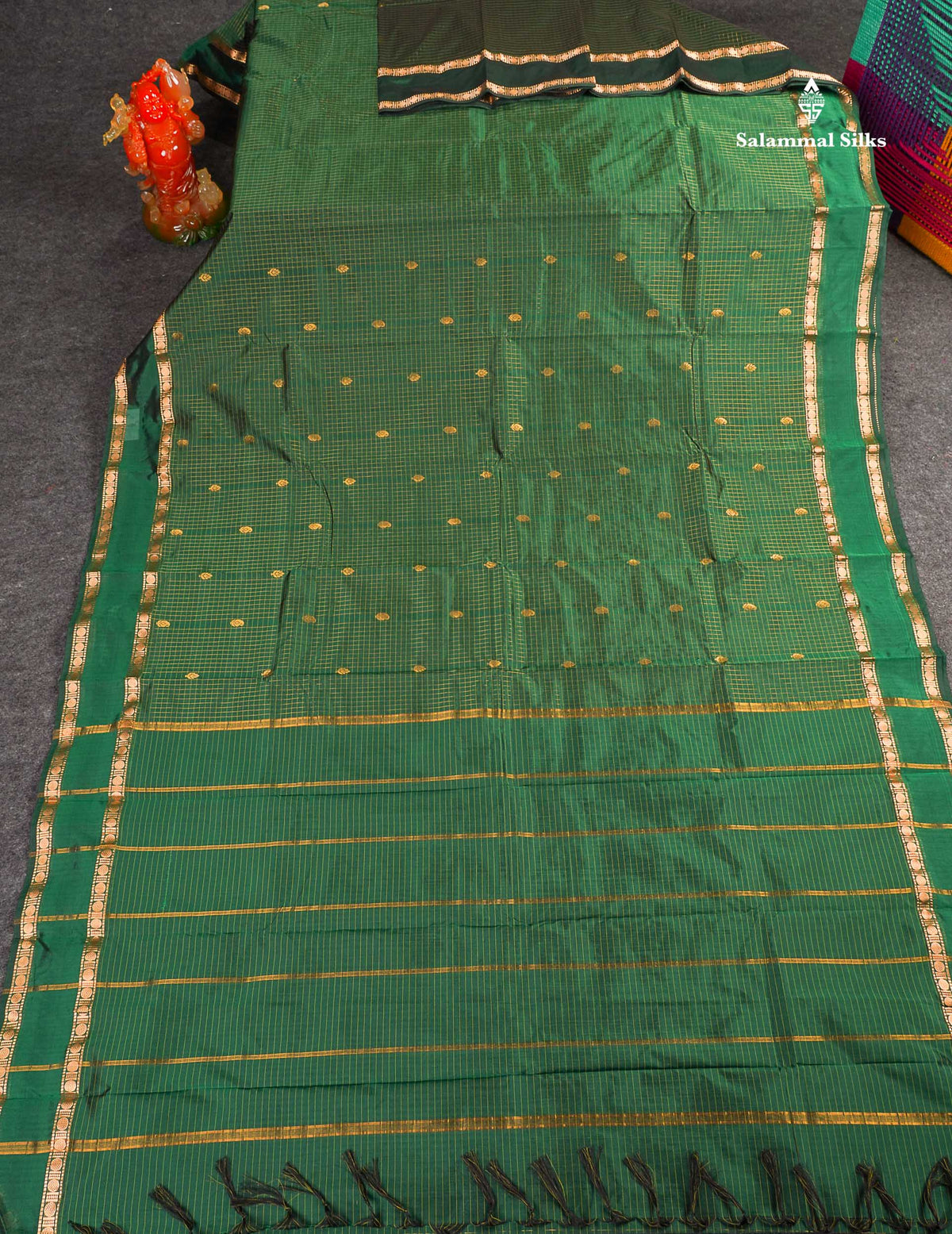 Semi Silk Saree - Green Colour Body Small Checks With Butta & Traditional Rettapet Border