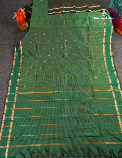 Semi Silk Saree - Green Colour Body Small Checks With Butta & Traditional Rettapet Border