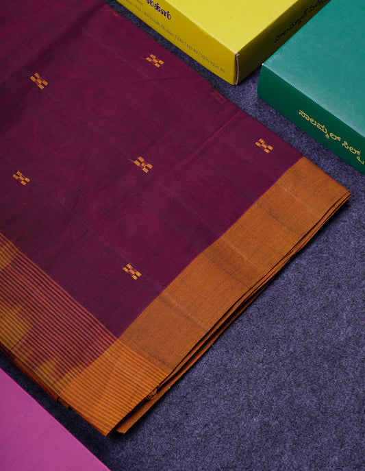 Beautiful Dark Maroon Thread Work Butta Handloom Pure Cotton Saree With Contrast Mustard Yellow Blouse