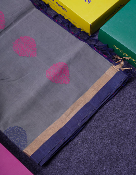 Beautiful Grey Thread Work Butta Handloom Pure Cotton Saree With Contrast Navy Blue Blouse