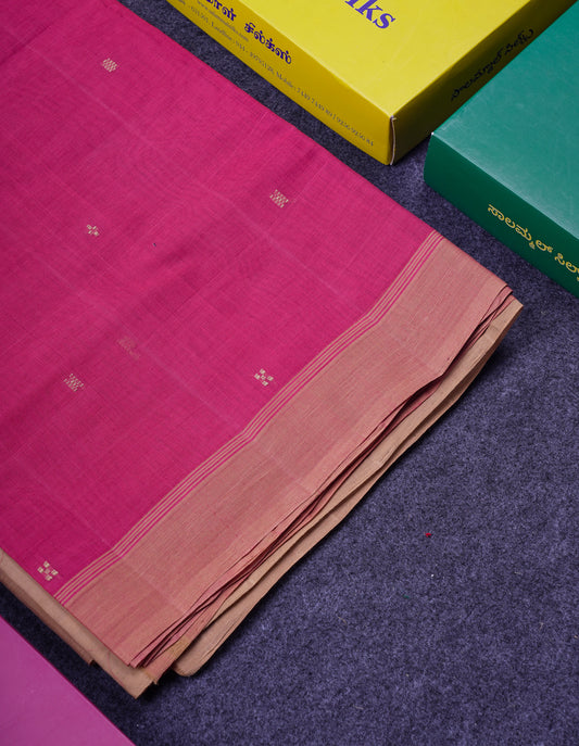 Beautiful Pink Thread Work Butta Handloom Pure Cotton Saree With Contrast Cream Sandal Blouse