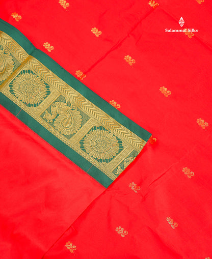 Semi Silk Saree - Green Colour Body Zari Butta With Contrast Pink Traditional Border | 10.5 Yards
