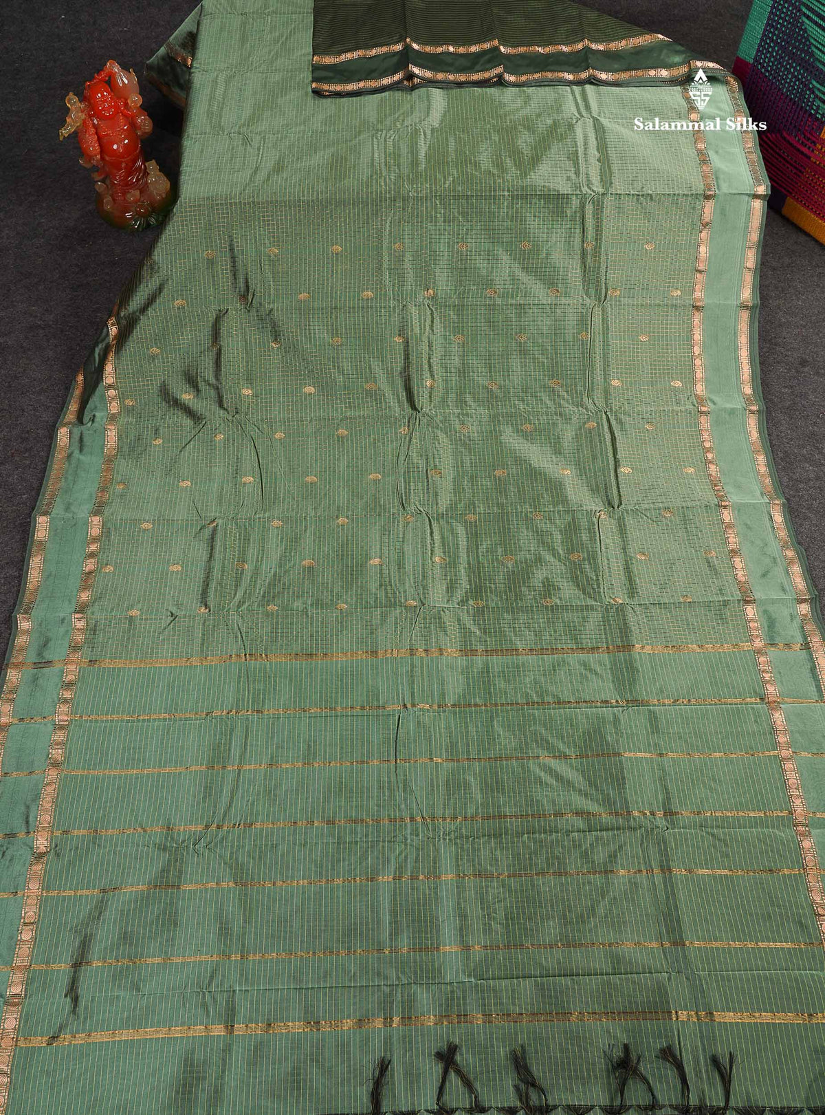 Semi Silk Saree - Sage Green Colour Body Small Checks With Butta & Traditional Rettapet Border