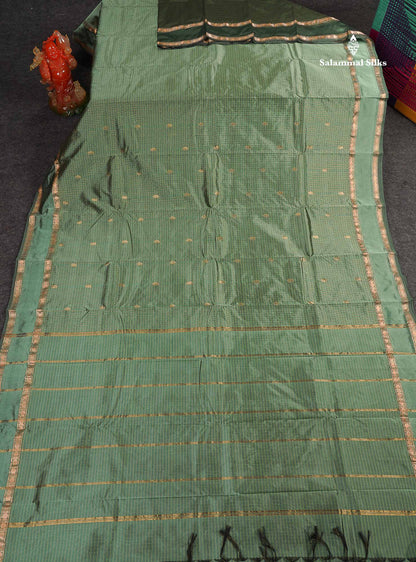 Semi Silk Saree - Sage Green Colour Body Small Checks With Butta & Traditional Rettapet Border
