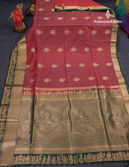 Beautiful Maroon Silver & Gold Zari Semi Soft Silk Saree With Contrast Bottle Green Traditional Pallaku  Evening Morning Border