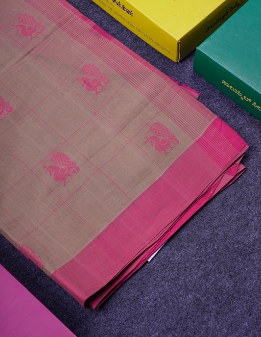 Beautiful Sandal Checks With Thread Work Butta Handloom Pure Cotton Saree With Contrast Pink Blouse