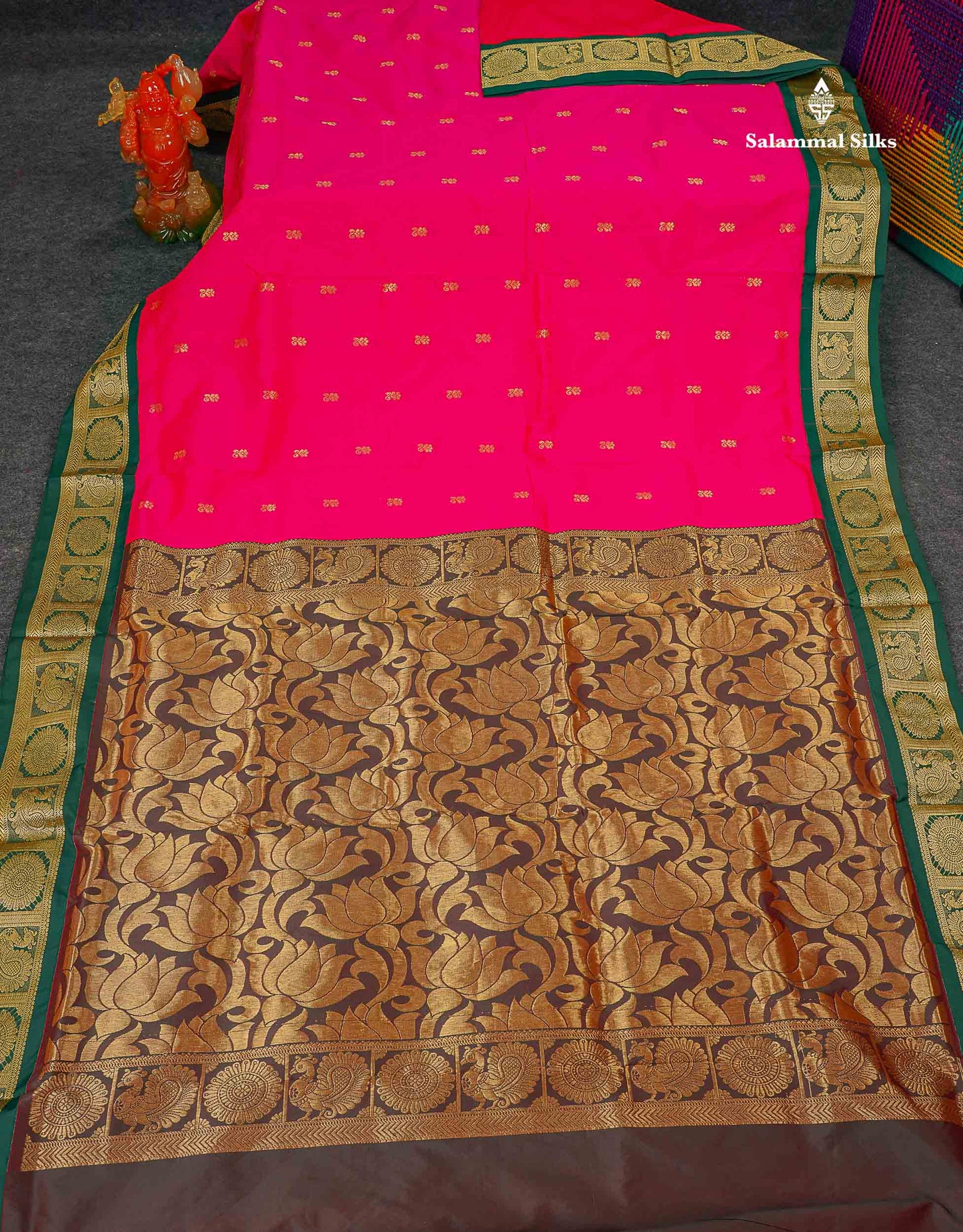 Semi Silk Saree - Green Colour Body Zari Butta With Contrast Pink Traditional Border | 10.5 Yards