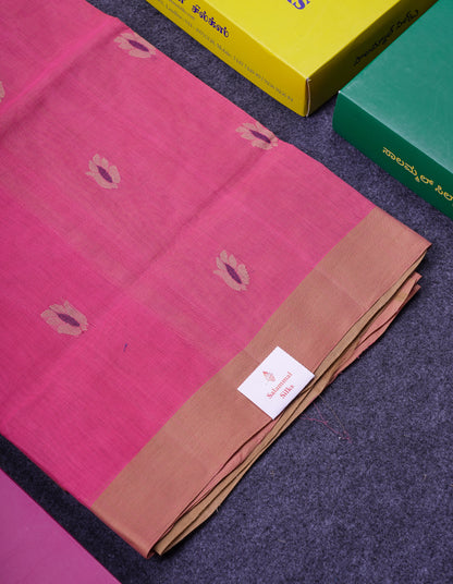 Beautiful Pink Thread Work Butta Handloom Pure Cotton Saree With Contrast Cream Sandal Blouse