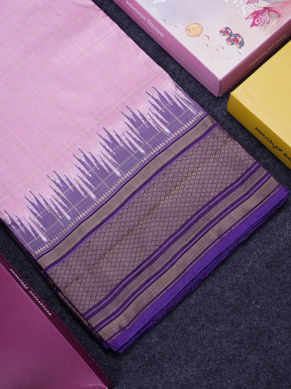 Baby Pink Checks Pure Kanjivaram Silk Saree With Contrast Purple Pochampalli Blouse
