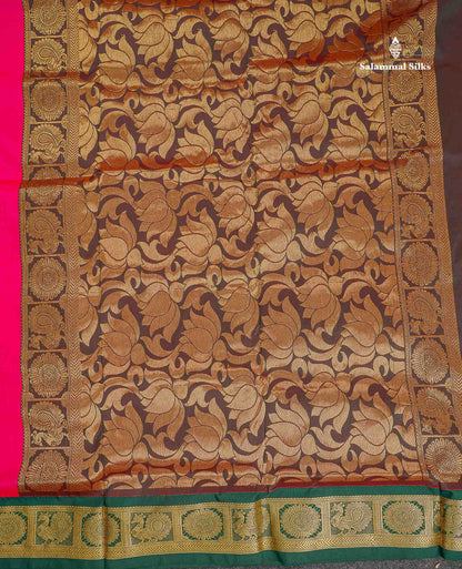 Semi Silk Saree - Green Colour Body Zari Butta With Contrast Pink Traditional Border | 10.5 Yards