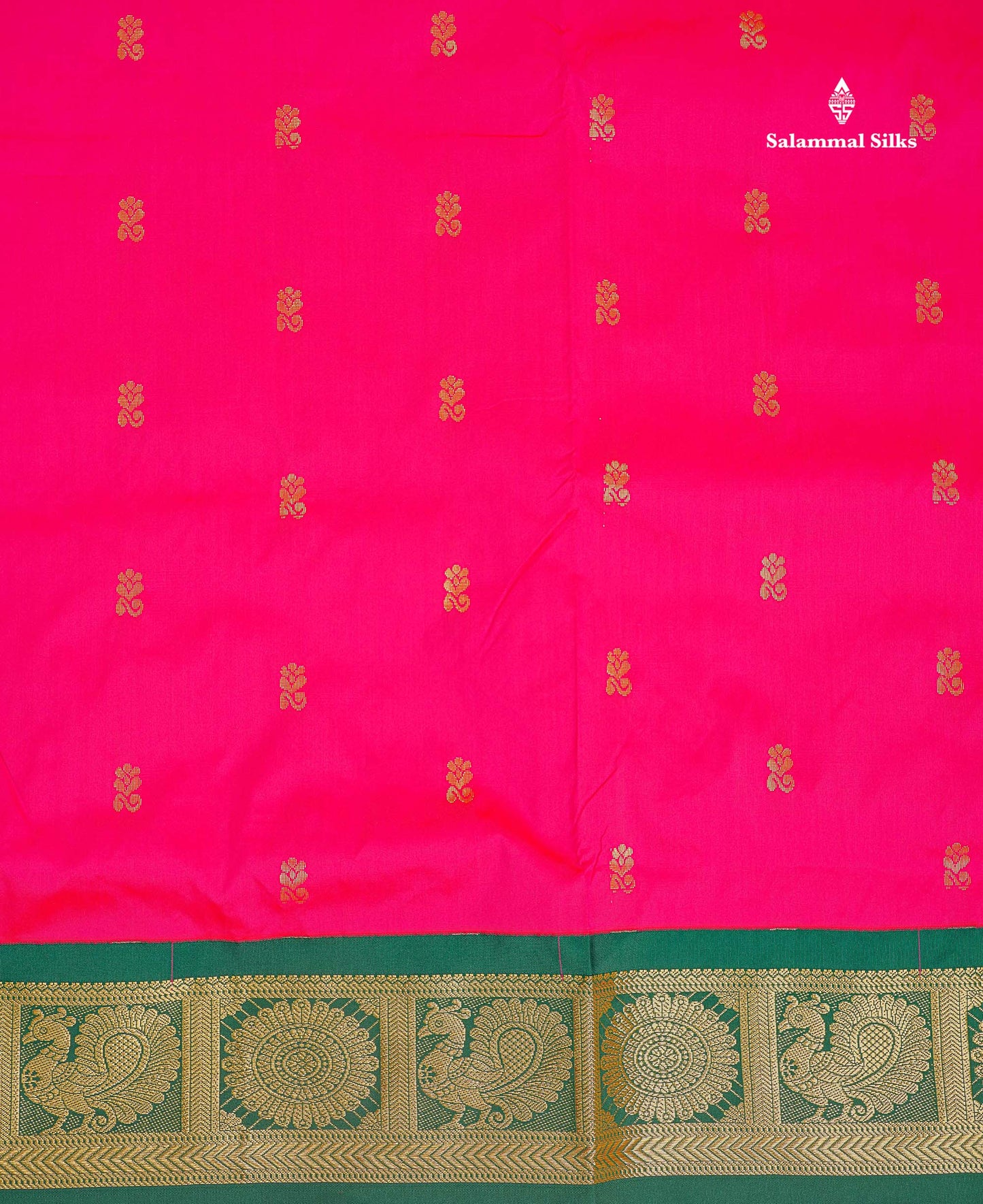 Semi Silk Saree - Green Colour Body Zari Butta With Contrast Pink Traditional Border | 10.5 Yards