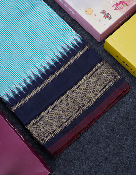 Sky Blue Tiny Checks Pure Kanjivaram Silk Saree With Contrast Navy Blue Pochampalli Pallu And Blouse