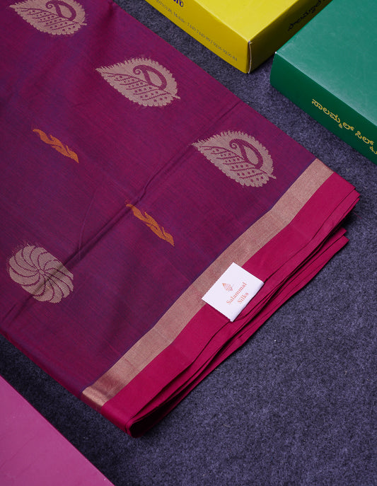 Beautiful Violet Thread Work Butta Pure Cotton Saree With Contrast Redish Maroon Blouse