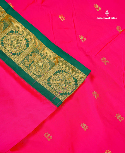 Semi Silk Saree - Green Colour Body Zari Butta With Contrast Pink Traditional Border | 10.5 Yards
