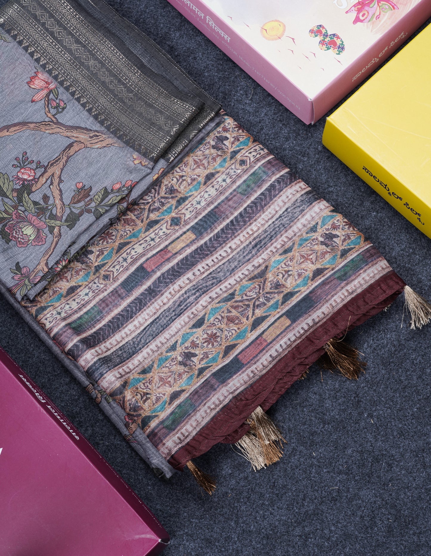 Grey Chanderi Mixed Cotton Saree With Contrast Black Banarasi Border