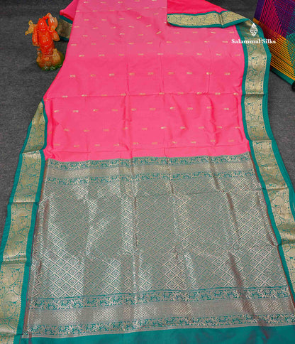 Semi Silk Saree - Pinkish Peach Small Butta With Contrast Dual Tone Ramar Blue Border | 9 Yards