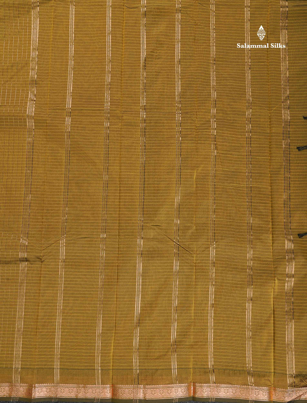Semi Silk Saree - Olive Mustard Yellow Colour Body Small Checks With Butta & Traditional Small Border