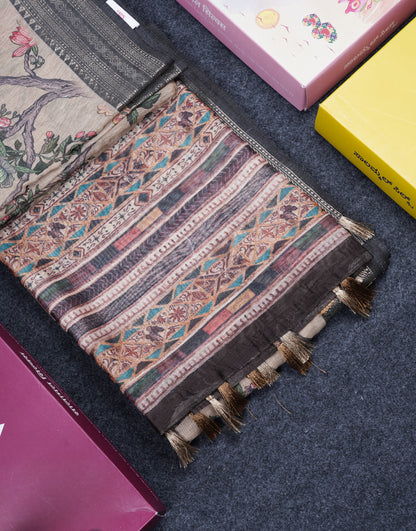 Grey Chanderi Mixed Cotton Saree With Contrast Black Banarasi Border