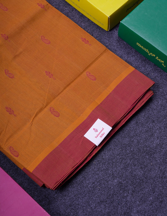 Beautiful Mustard Yellow Thread Work Butta Handloom Pure Cotton Saree With Contrast Light Maroon Blouse