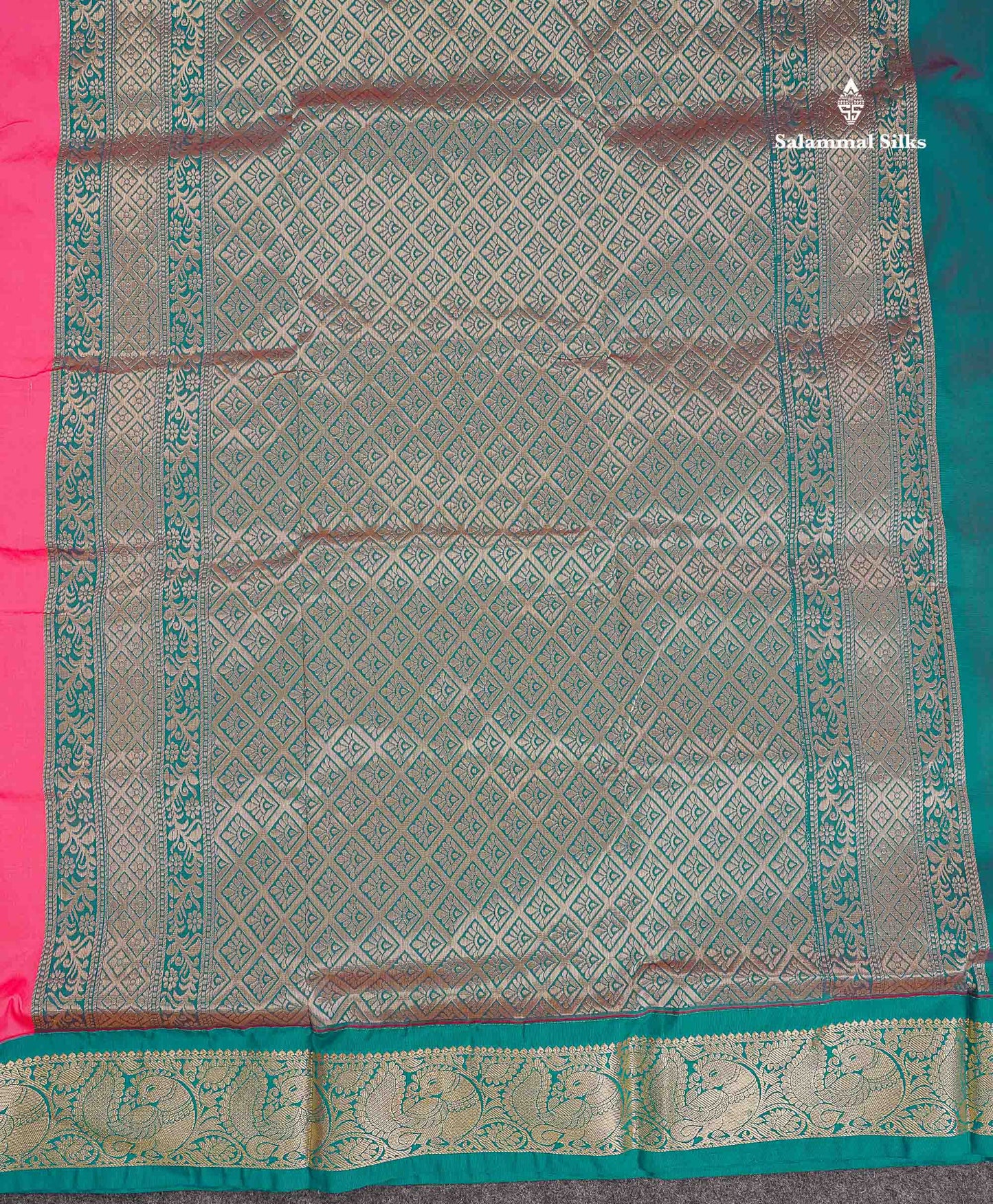 Semi Silk Saree - Pinkish Peach Small Butta With Contrast Dual Tone Ramar Blue Border | 9 Yards