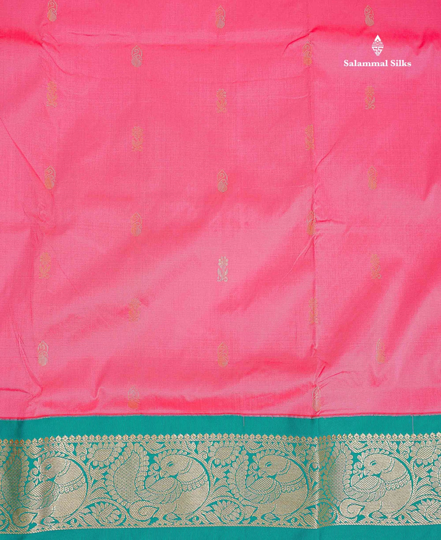 Semi Silk Saree - Pinkish Peach Small Butta With Contrast Dual Tone Ramar Blue Border | 9 Yards