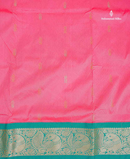 Semi Silk Saree - Pinkish Peach Small Butta With Contrast Dual Tone Ramar Blue Border | 9 Yards