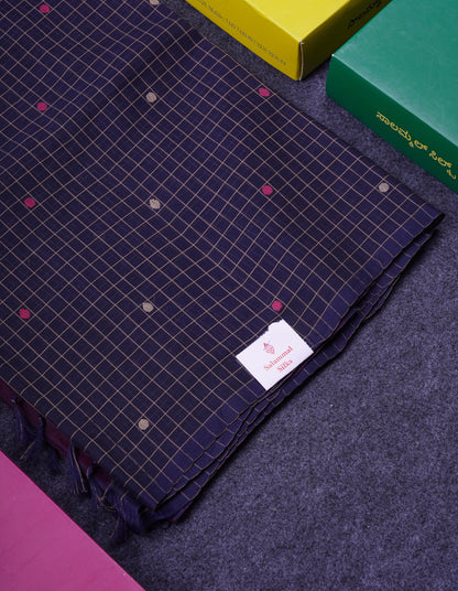 Beautiful Half And Half Peacock Blue & Navy Blue Thread Work Butta Handloom Pure Cotton Saree With Contrast Navy Blue Blouse